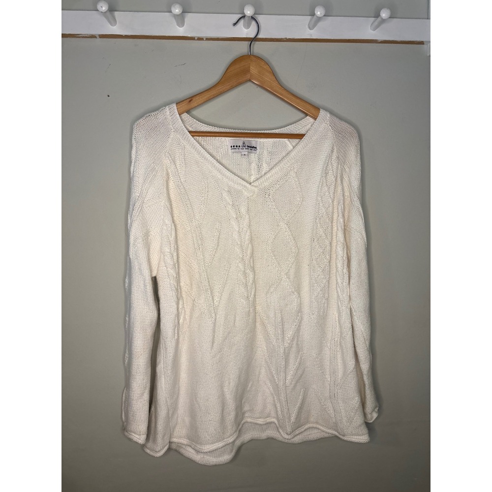Neon Buddha White Cotton Cable Knit V-Neck Sweater Boho Size Small